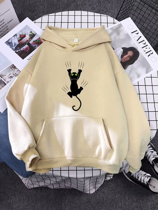 Hoody Funy Black Cats Cartoon Hoodies Female Fashion Korean Women'S Winter Clothing Oversized Fleece Women Sweatshirts with Hood