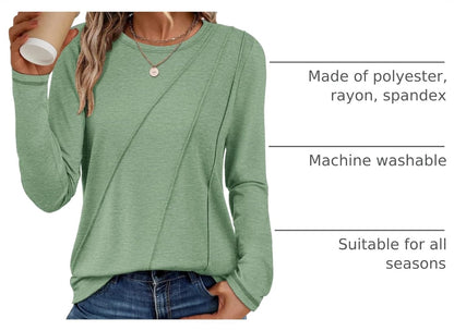 Womens Long Sleeve Shirts Pleated Crew Neck Casual Tops
