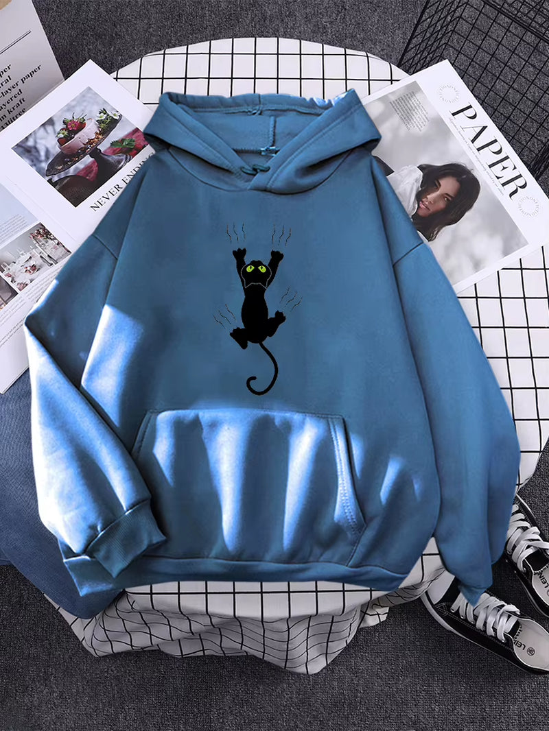 Hoody Funy Black Cats Cartoon Hoodies Female Fashion Korean Women'S Winter Clothing Oversized Fleece Women Sweatshirts with Hood