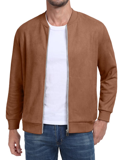 Men'S Casual Varsity Jacket Vintage Suede Bomber Jackets Lightweight Outerwear Coat Brown M