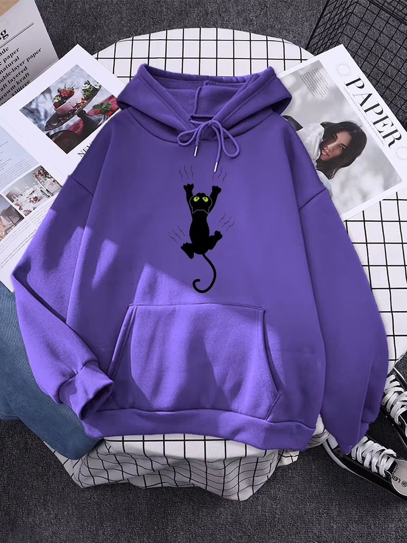 Hoody Funy Black Cats Cartoon Hoodies Female Fashion Korean Women'S Winter Clothing Oversized Fleece Women Sweatshirts with Hood