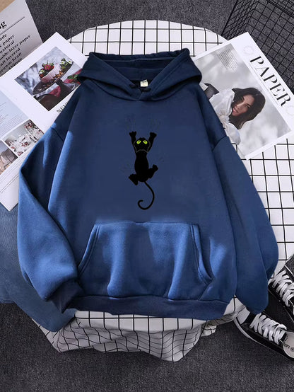 Hoody Funy Black Cats Cartoon Hoodies Female Fashion Korean Women'S Winter Clothing Oversized Fleece Women Sweatshirts with Hood
