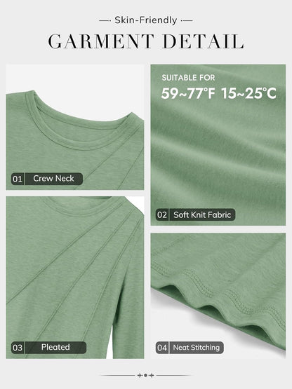 Womens Long Sleeve Shirts Pleated Crew Neck Casual Tops