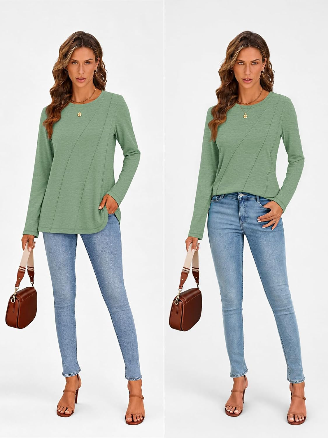 Womens Long Sleeve Shirts Pleated Crew Neck Casual Tops