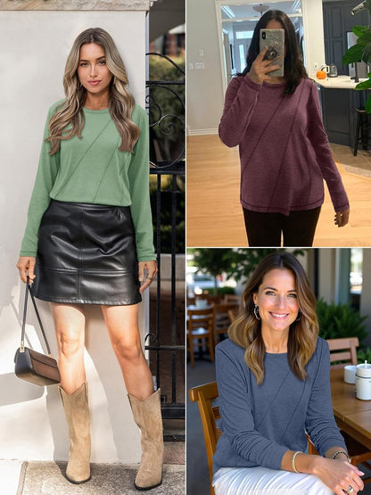 Womens Long Sleeve Shirts Pleated Crew Neck Casual Tops
