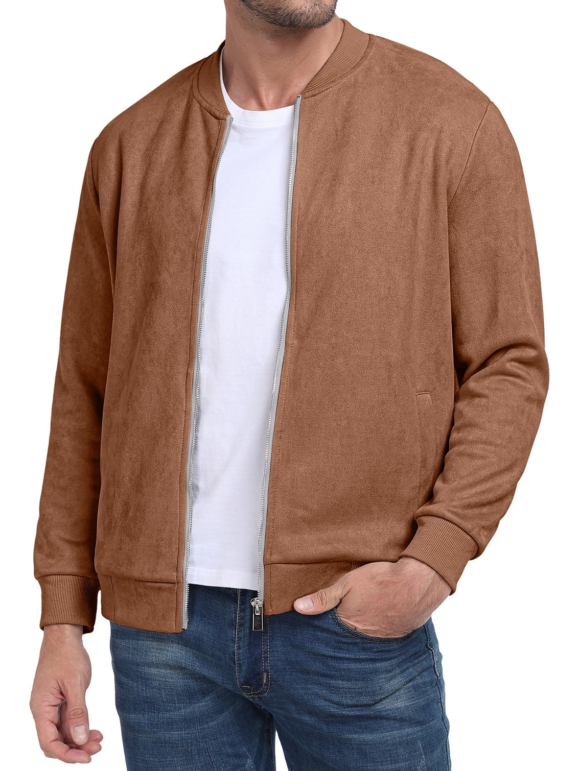 Men'S Casual Varsity Jacket Vintage Suede Bomber Jackets Lightweight Outerwear Coat Brown M