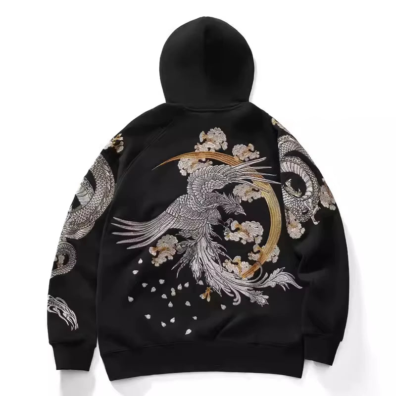 Hoodies Yokosuka Black Dragon Phoenix Suzaku Pattern Embroidered Pullover Sakura