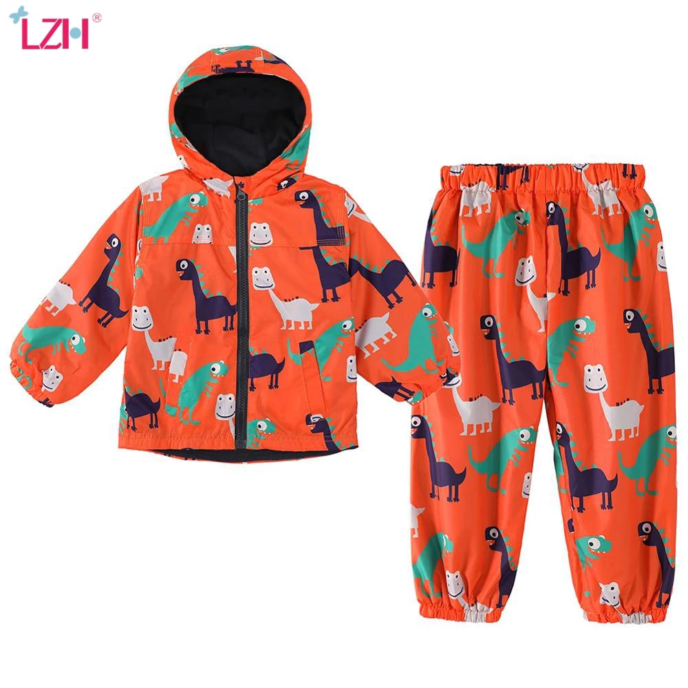 Children Clothing Autumn Winter Kids Boys Clothes Raincoat Waterproof Dinosaur Coat+Pant Outfit Suit for Girls Clothing Sets