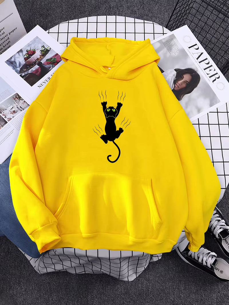 Hoody Funy Black Cats Cartoon Hoodies Female Fashion Korean Women'S Winter Clothing Oversized Fleece Women Sweatshirts with Hood