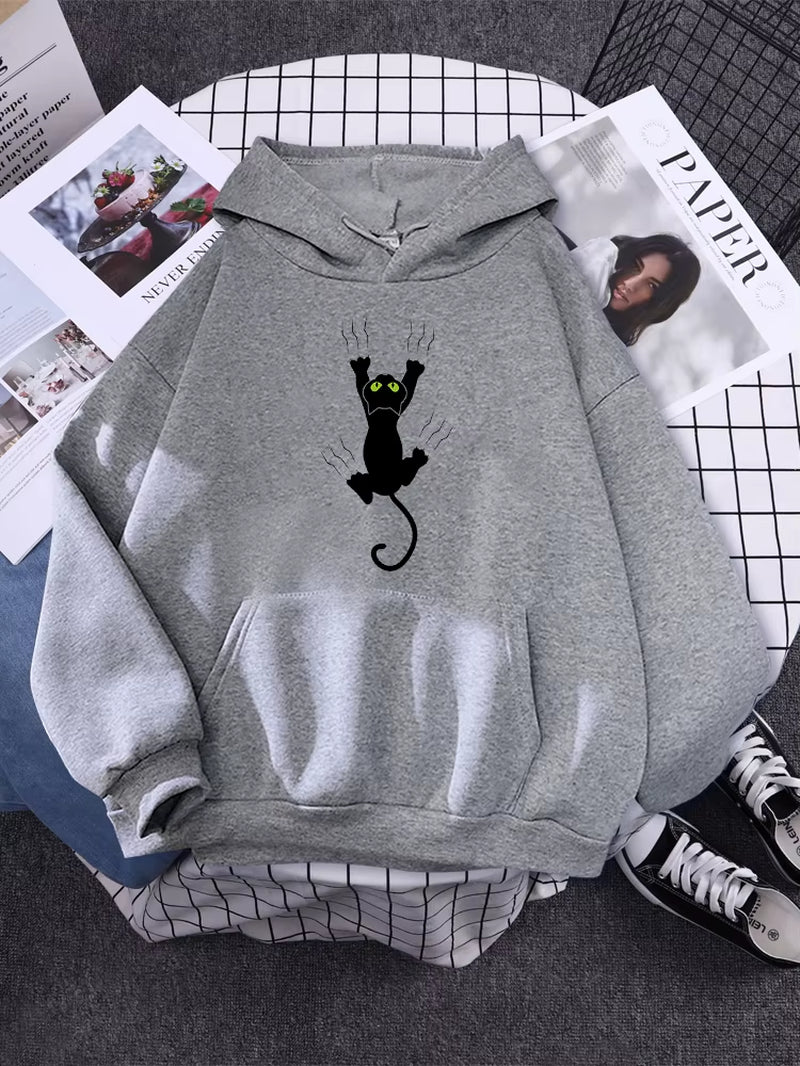 Hoody Funy Black Cats Cartoon Hoodies Female Fashion Korean Women'S Winter Clothing Oversized Fleece Women Sweatshirts with Hood