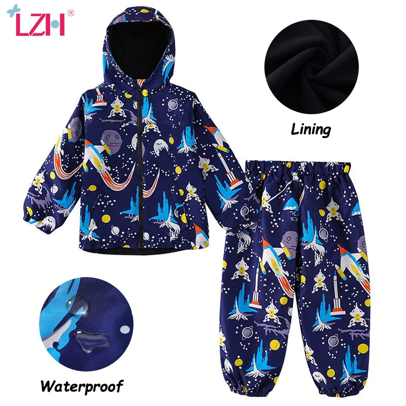 Children Clothing Autumn Winter Kids Boys Clothes Raincoat Waterproof Dinosaur Coat+Pant Outfit Suit for Girls Clothing Sets