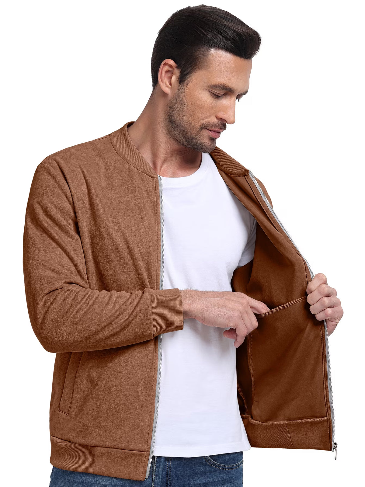 Men'S Casual Varsity Jacket Vintage Suede Bomber Jackets Lightweight Outerwear Coat Brown M