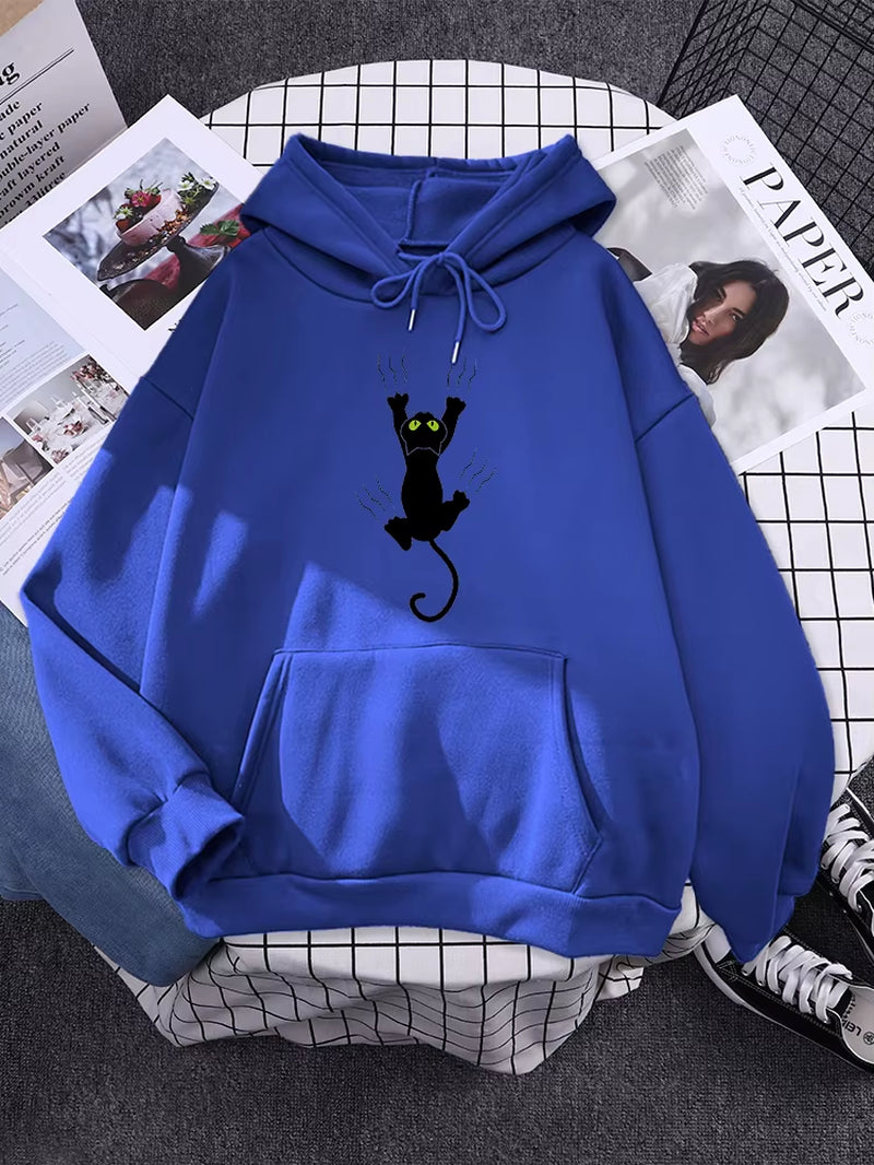 Hoody Funy Black Cats Cartoon Hoodies Female Fashion Korean Women'S Winter Clothing Oversized Fleece Women Sweatshirts with Hood