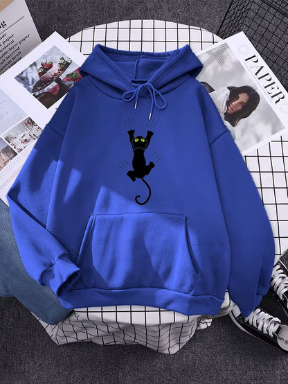 Hoody Funy Black Cats Cartoon Hoodies Female Fashion Korean Women'S Winter Clothing Oversized Fleece Women Sweatshirts with Hood