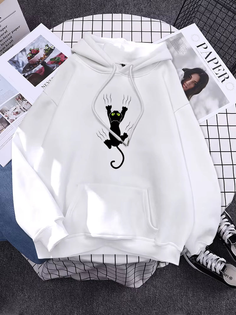 Hoody Funy Black Cats Cartoon Hoodies Female Fashion Korean Women'S Winter Clothing Oversized Fleece Women Sweatshirts with Hood