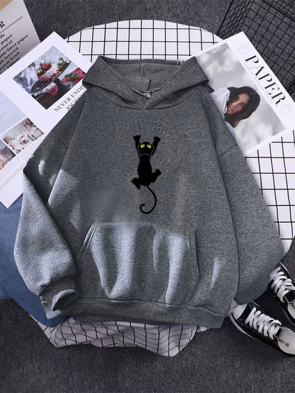 Hoody Funy Black Cats Cartoon Hoodies Female Fashion Korean Women'S Winter Clothing Oversized Fleece Women Sweatshirts with Hood