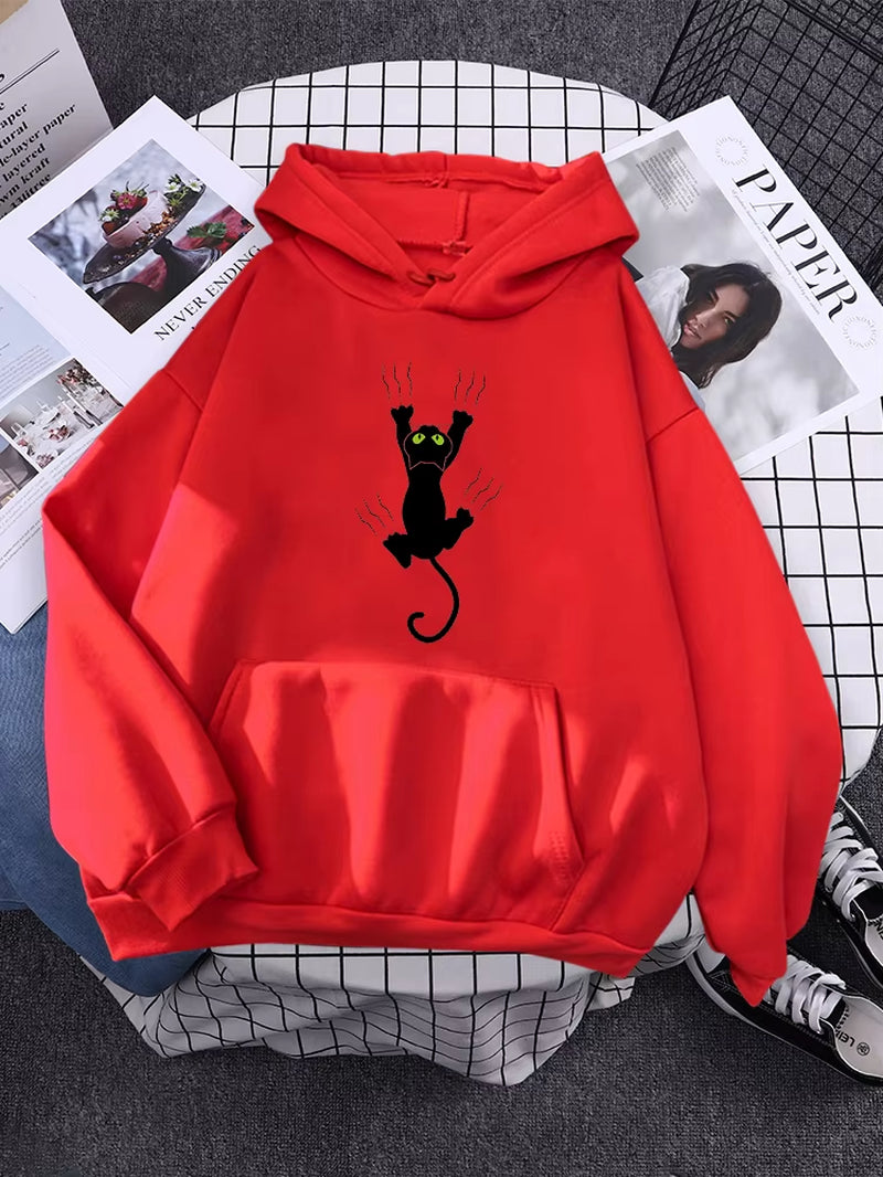 Hoody Funy Black Cats Cartoon Hoodies Female Fashion Korean Women'S Winter Clothing Oversized Fleece Women Sweatshirts with Hood