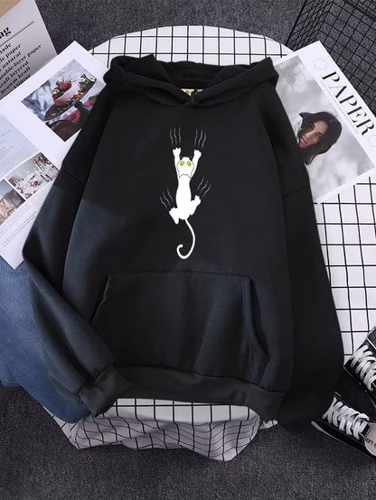 Hoody Funy Black Cats Cartoon Hoodies Female Fashion Korean Women'S Winter Clothing Oversized Fleece Women Sweatshirts with Hood