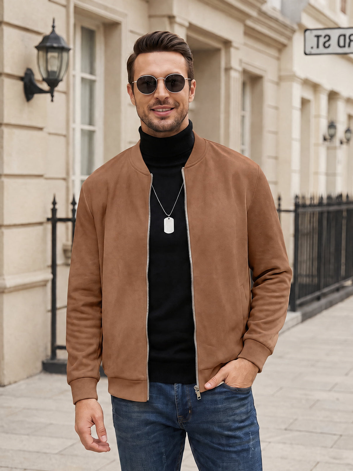 Men'S Casual Varsity Jacket Vintage Suede Bomber Jackets Lightweight Outerwear Coat Brown M