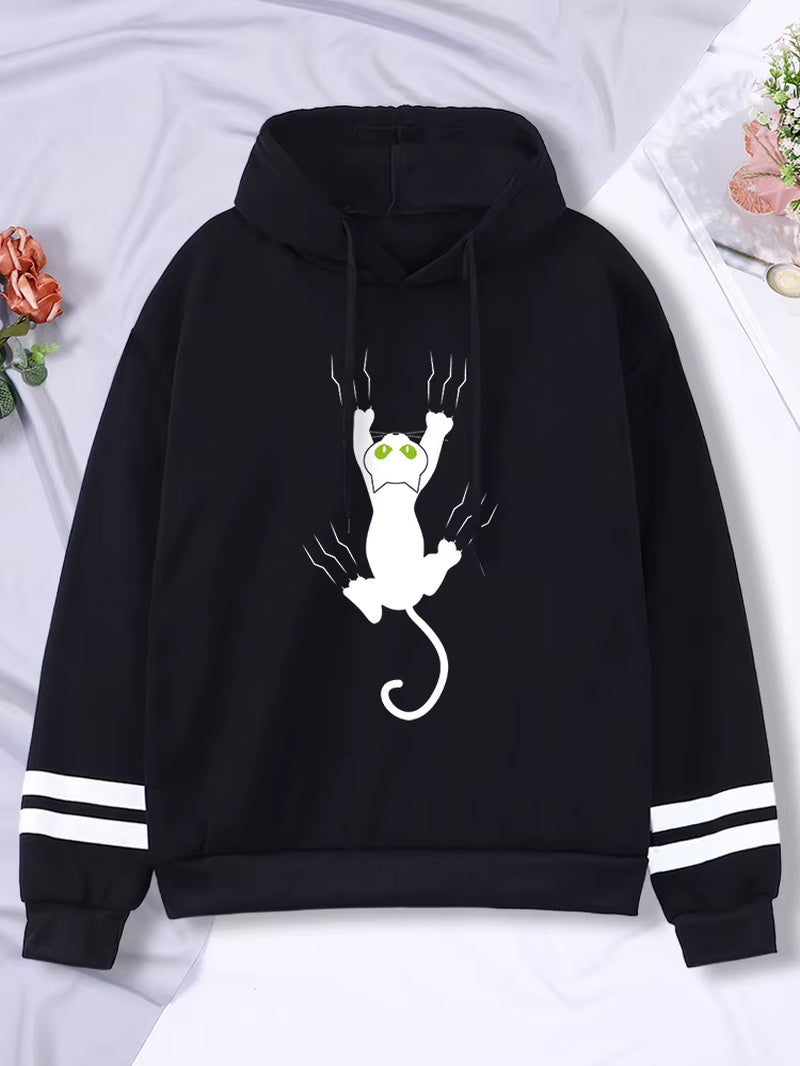 Hoody Funy Black Cats Cartoon Hoodies Female Fashion Korean Women'S Winter Clothing Oversized Fleece Women Sweatshirts with Hood